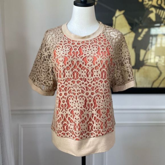 Robert Rodriguez Tops - Robert Rodriguez Tan Orange Crochet Short Sleeve Top M